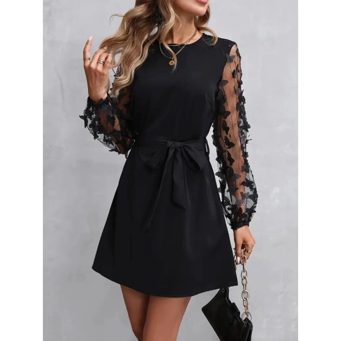 MDB Kadın Uzun Kollu Bisiklet Yaka Kollar Tül Kelebek Detaylı Ithal Krep Elbise