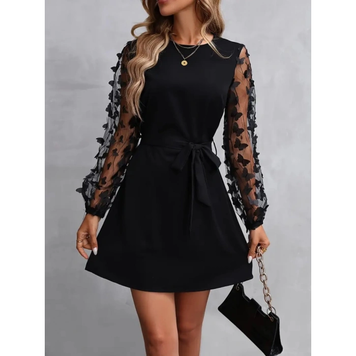 MDB Kadın Uzun Kollu Bisiklet Yaka Kollar Tül Kelebek Detaylı Ithal Krep Elbise