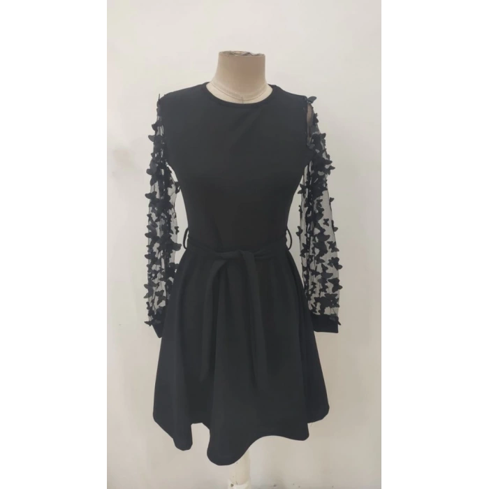 MDB Kadın Uzun Kollu Bisiklet Yaka Kollar Tül Kelebek Detaylı Ithal Krep Elbise