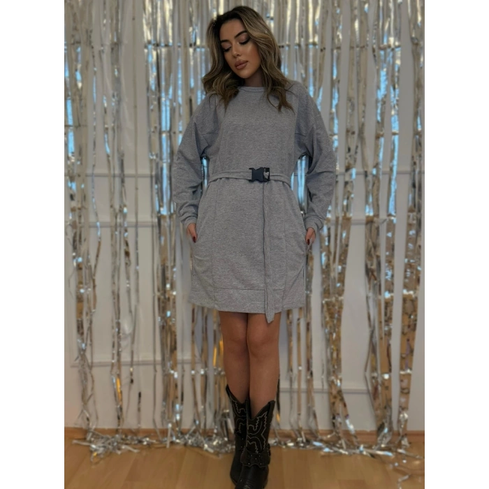 MDB Kadın Uzun Kollu Bisiklet Yaka Kuşaklı Iki Iplik Elbise