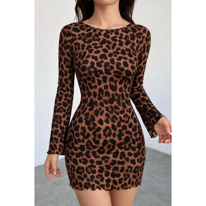 MDB Kadın Uzun Kollu Bisiklet Yaka Leopar Desenli Dalgıç Mini Elbise