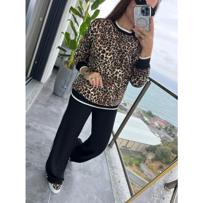 MDB Kadın Uzun Kollu Bisiklet Yaka Leopar Desenli Iki Iplik Bluz Ve Viskon Iki Iplik Pantolon Ikili Takım