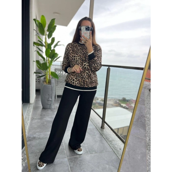 MDB Kadın Uzun Kollu Bisiklet Yaka Leopar Desenli Iki Iplik Bluz Ve Viskon Iki Iplik Pantolon Ikili Takım