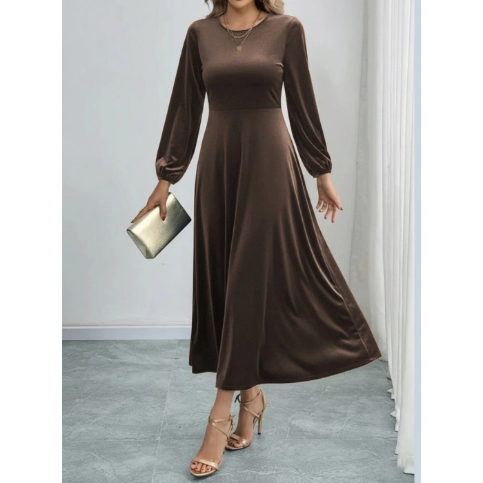 MDB Kadın Uzun Kollu Bisiklet Yaka Midi Kadife Elbise