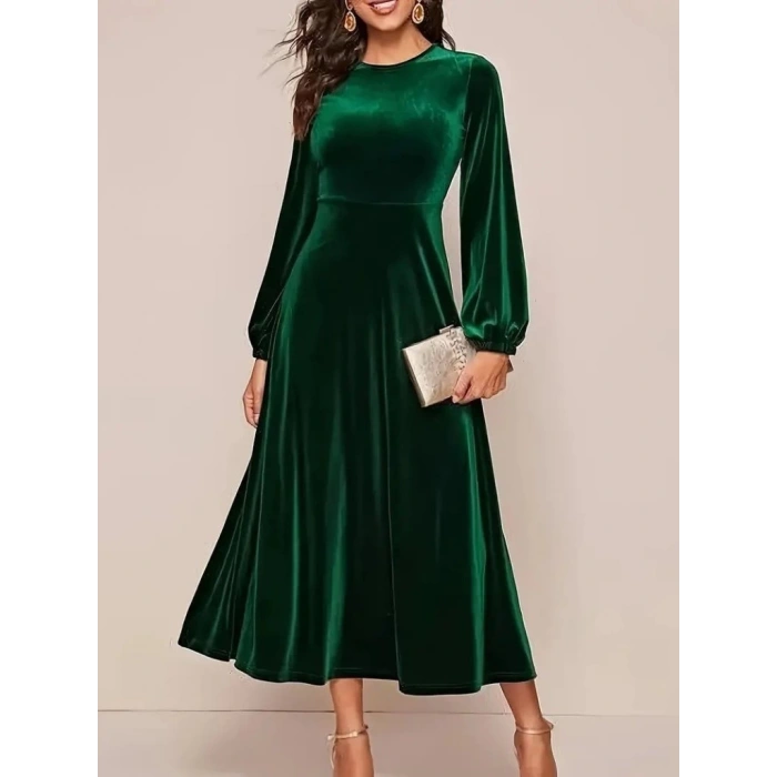 MDB Kadın Uzun Kollu Bisiklet Yaka Midi Kadife Elbise