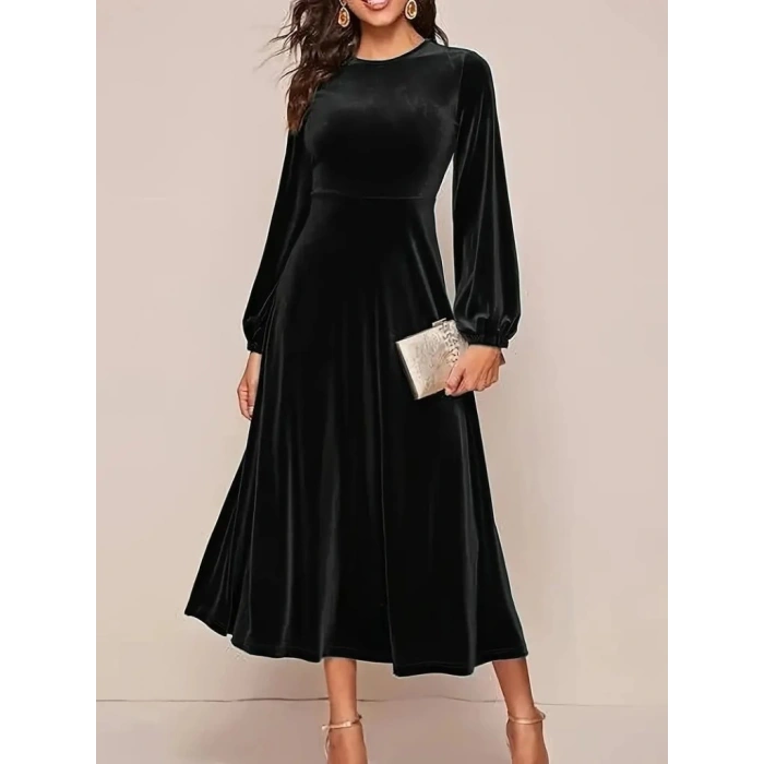 MDB Kadın Uzun Kollu Bisiklet Yaka Midi Kadife Elbise