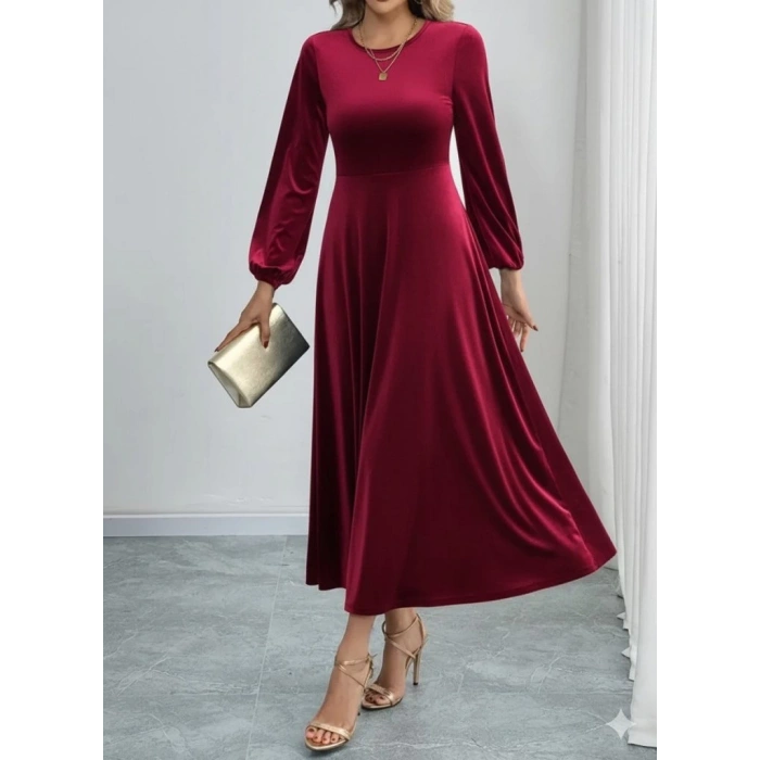 MDB Kadın Uzun Kollu Bisiklet Yaka Midi Kadife Elbise