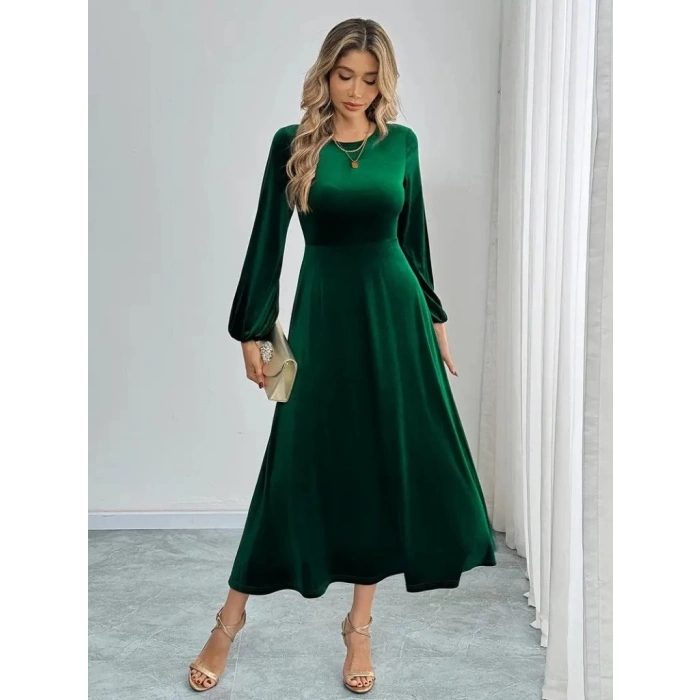 MDB Kadın Uzun Kollu Bisiklet Yaka Midi Kadife Elbise