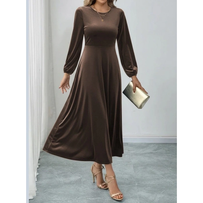 MDB Kadın Uzun Kollu Bisiklet Yaka Midi Kadife Elbise