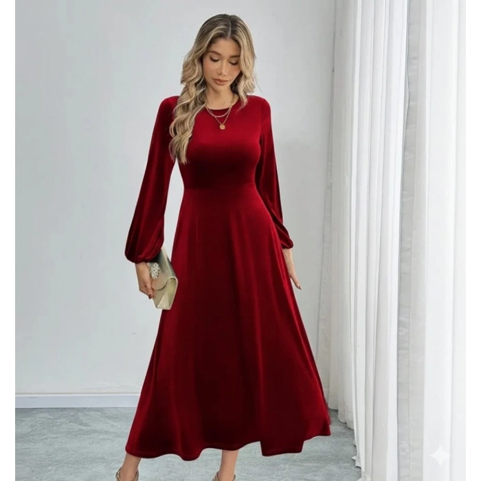 MDB Kadın Uzun Kollu Bisiklet Yaka Midi Kadife Elbise