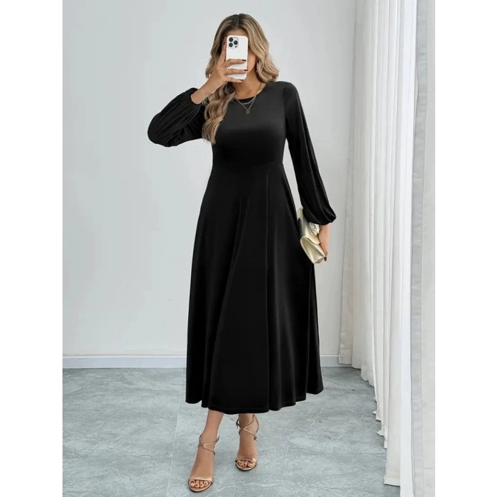 MDB Kadın Uzun Kollu Bisiklet Yaka Midi Kadife Elbise