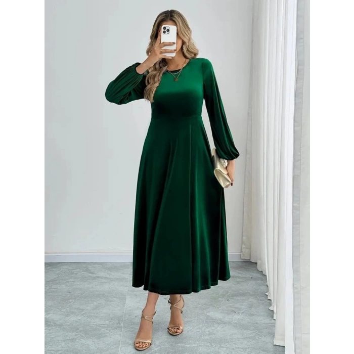 MDB Kadın Uzun Kollu Bisiklet Yaka Midi Kadife Elbise