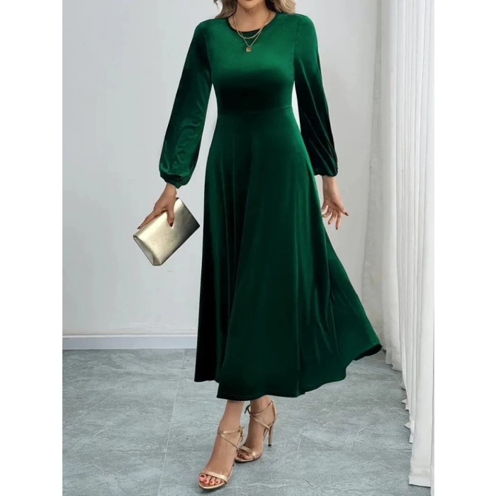 MDB Kadın Uzun Kollu Bisiklet Yaka Midi Kadife Elbise