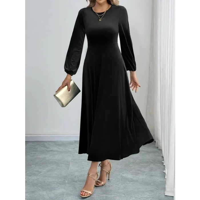 MDB Kadın Uzun Kollu Bisiklet Yaka Midi Kadife Elbise