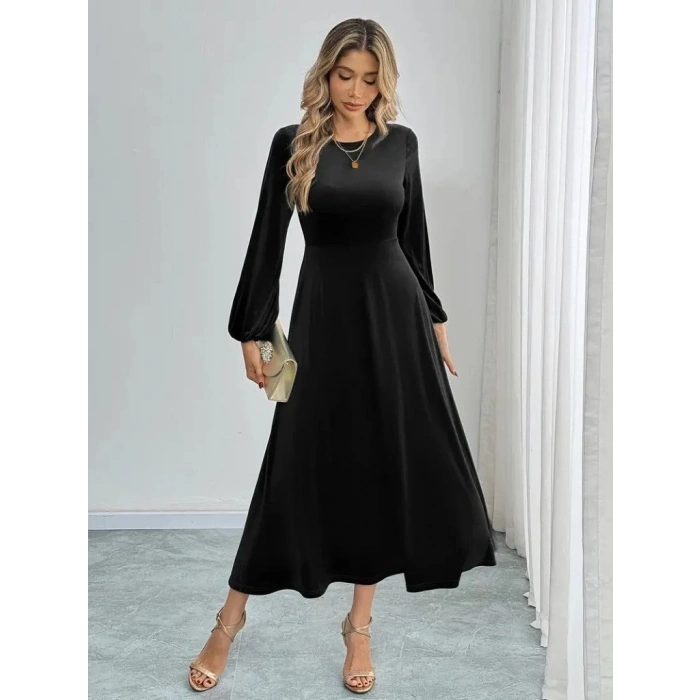 MDB Kadın Uzun Kollu Bisiklet Yaka Midi Kadife Elbise