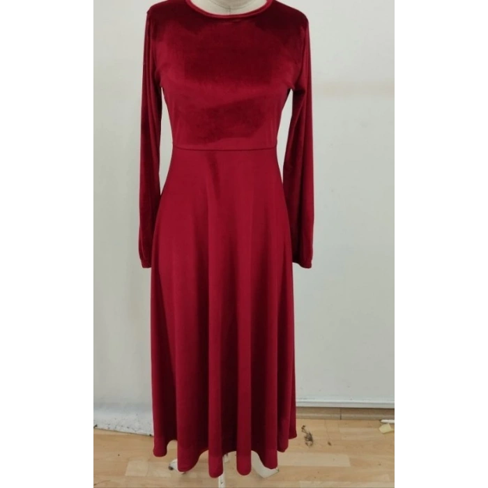 MDB Kadın Uzun Kollu Bisiklet Yaka Midi Kadife Elbise