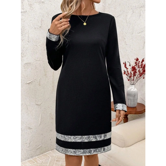 MDB Kadın Uzun Kollu Bisiklet Yaka Mini Ithal Krep Elbise