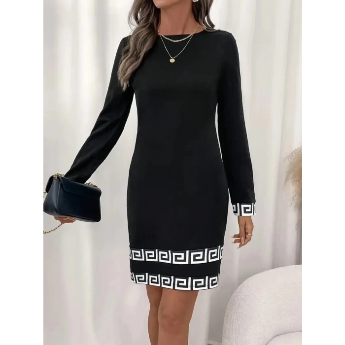 MDB Kadın Uzun Kollu Bisiklet Yaka Mini Ithal Krep Elbise