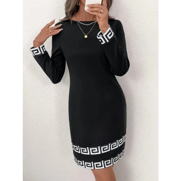 MDB Kadın Uzun Kollu Bisiklet Yaka Mini Ithal Krep Elbise