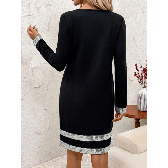 MDB Kadın Uzun Kollu Bisiklet Yaka Mini Ithal Krep Elbise