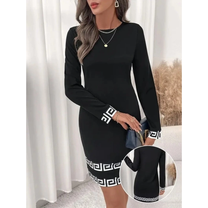 MDB Kadın Uzun Kollu Bisiklet Yaka Mini Ithal Krep Elbise