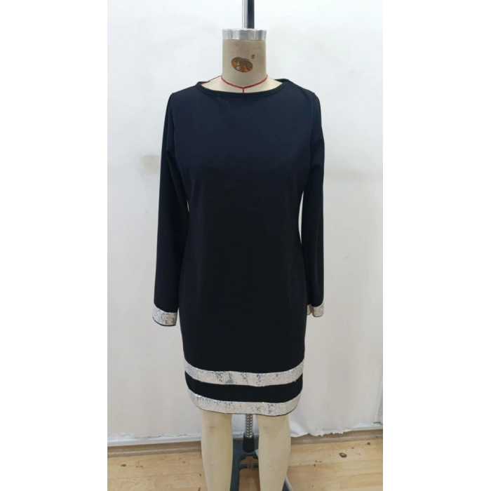 MDB Kadın Uzun Kollu Bisiklet Yaka Mini Ithal Krep Elbise