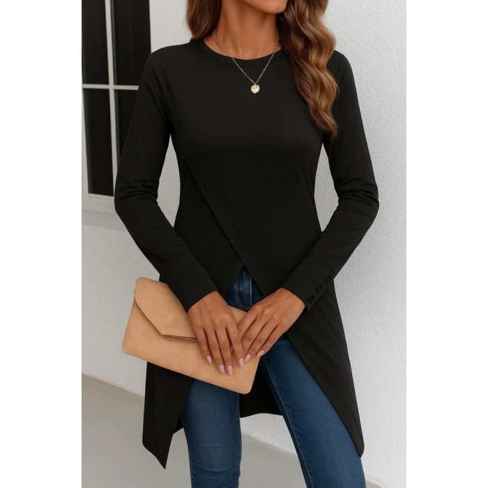 MDB Kadın Uzun Kollu Bisiklet Yaka önden çapraz Kesim Detay Midi Viskon Bluz