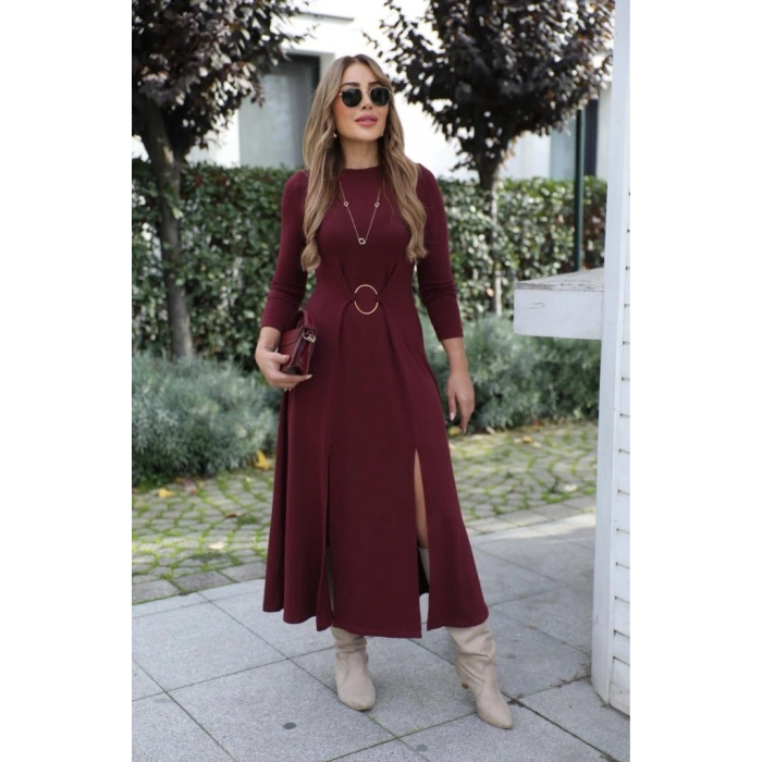 MDB Kadın Uzun Kollu Bisiklet Yaka önden Halka Detaylı Yırtmaçlı Uzun Viskon Iki Iplik Elbise