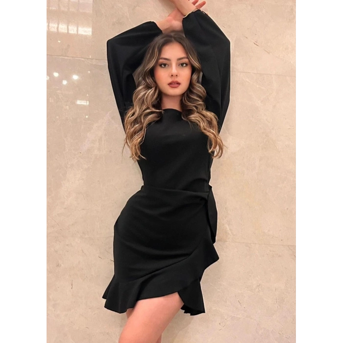 MDB Kadın Uzun Kollu Bisiklet Yaka önden Volanlı Ithal Krep Elbise