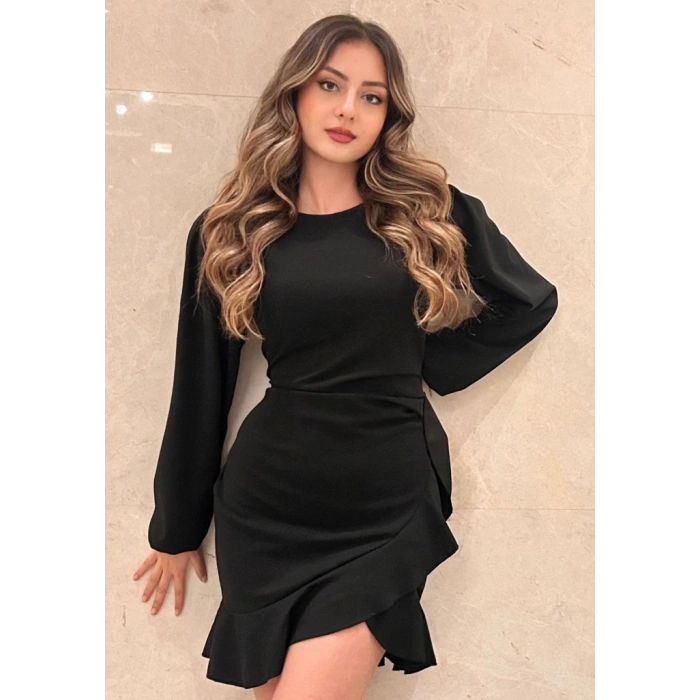 MDB Kadın Uzun Kollu Bisiklet Yaka önden Volanlı Ithal Krep Elbise