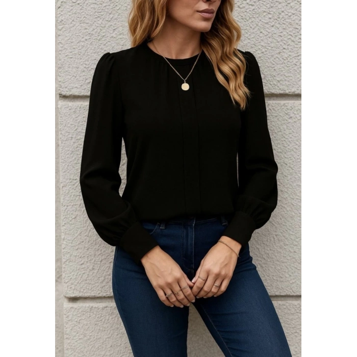 MDB Kadın Uzun Kollu Bisiklet Yaka Pileli Ithal Krep Bluz