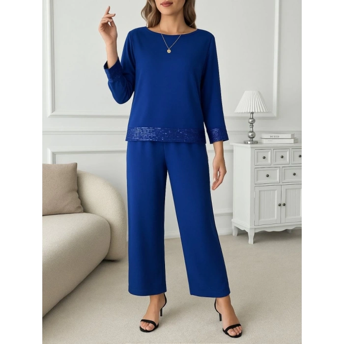 MDB Kadın Uzun Kollu Bisiklet Yaka Pulpayetli Viskon Iki Iplik Bluz Ve Pantolon Ikili Takım