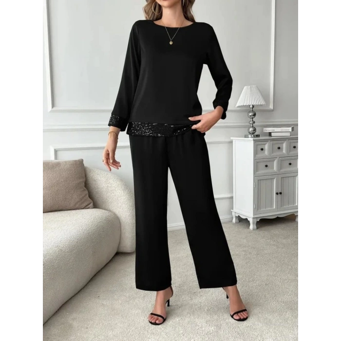 MDB Kadın Uzun Kollu Bisiklet Yaka Pulpayetli Viskon Iki Iplik Bluz Ve Pantolon Ikili Takım
