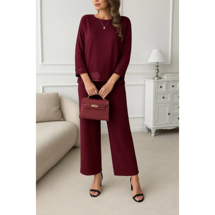 MDB Kadın Uzun Kollu Bisiklet Yaka Pulpayetli Viskon Iki Iplik Bluz Ve Pantolon Ikili Takım