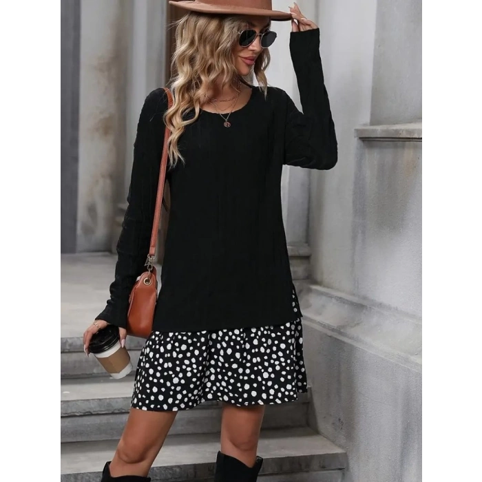 MDB Kadın Uzun Kollu Bisiklet Yaka şardonlu Kaşkorse Bluz Ve Süprem Etek Elbise