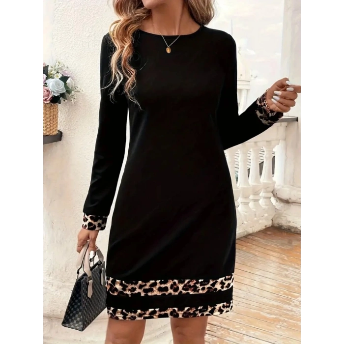 MDB Kadın Uzun Kollu Bisiklet Yaka şerit Leopar Desenli Kısa Dalgıç Elbise