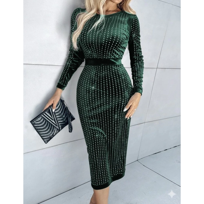 MDB Kadın Uzun Kollu Bisiklet Yaka Taşlı Midi Kadife Elbise