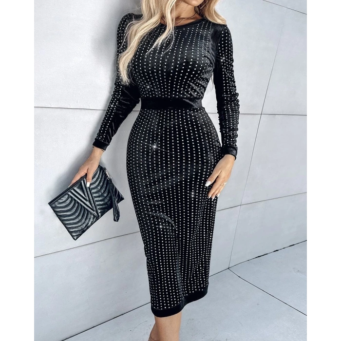 MDB Kadın Uzun Kollu Bisiklet Yaka Taşlı Midi Kadife Elbise