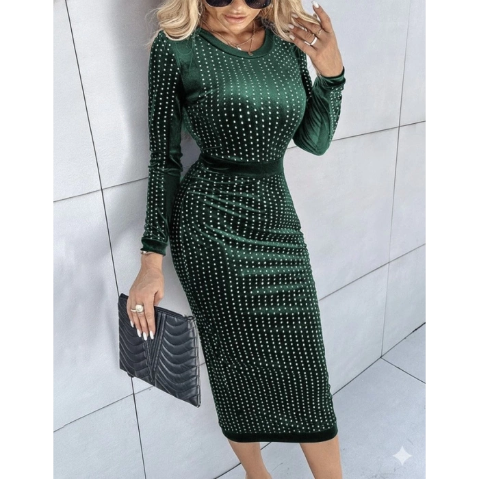 MDB Kadın Uzun Kollu Bisiklet Yaka Taşlı Midi Kadife Elbise