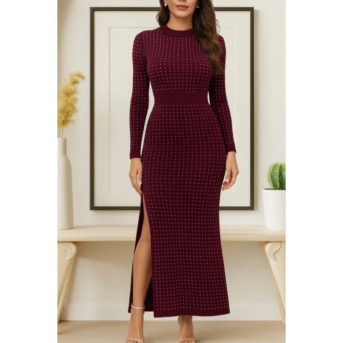 MDB Kadın Uzun Kollu Bisiklet Yaka Taşlı Midi Kadife Elbise