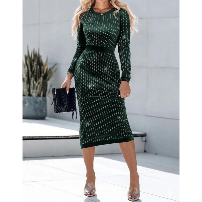 MDB Kadın Uzun Kollu Bisiklet Yaka Taşlı Midi Kadife Elbise