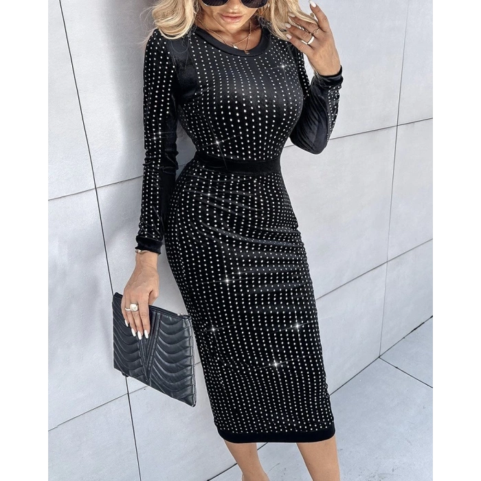 MDB Kadın Uzun Kollu Bisiklet Yaka Taşlı Midi Kadife Elbise