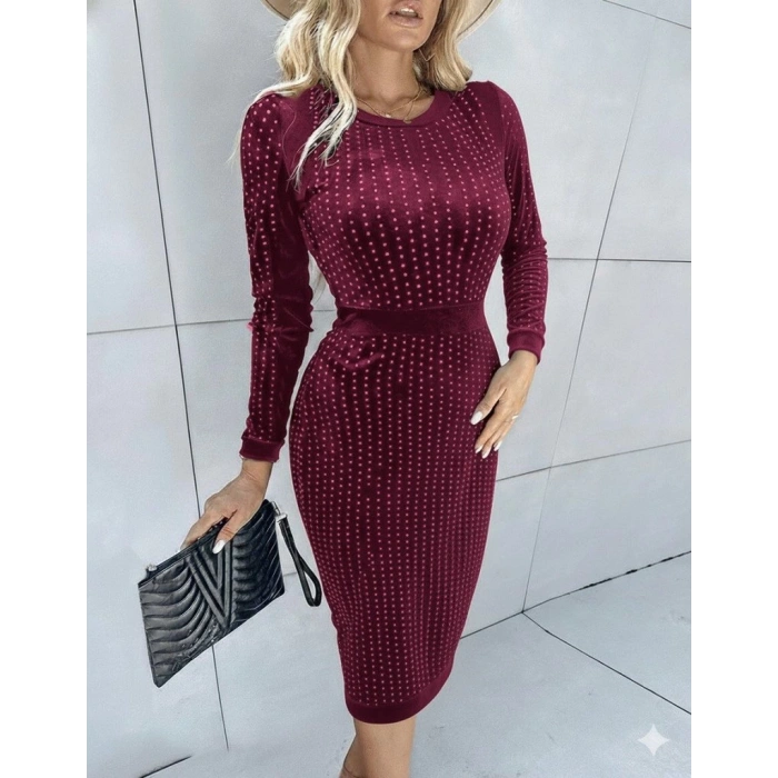 MDB Kadın Uzun Kollu Bisiklet Yaka Taşlı Midi Kadife Elbise