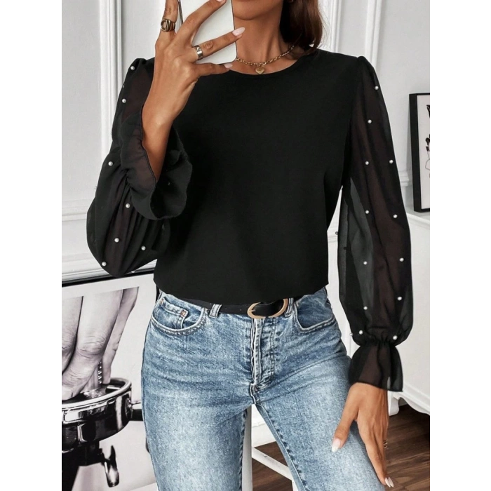 MDB Kadın Uzun Kollu Bisiklet Yaka Tül Detaylı Incili Ithal Krep Bluz