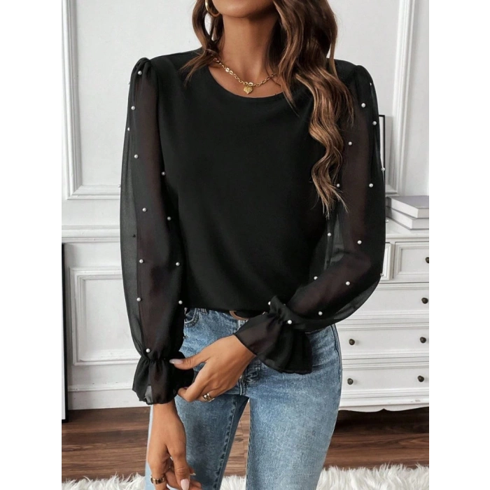 MDB Kadın Uzun Kollu Bisiklet Yaka Tül Detaylı Incili Ithal Krep Bluz