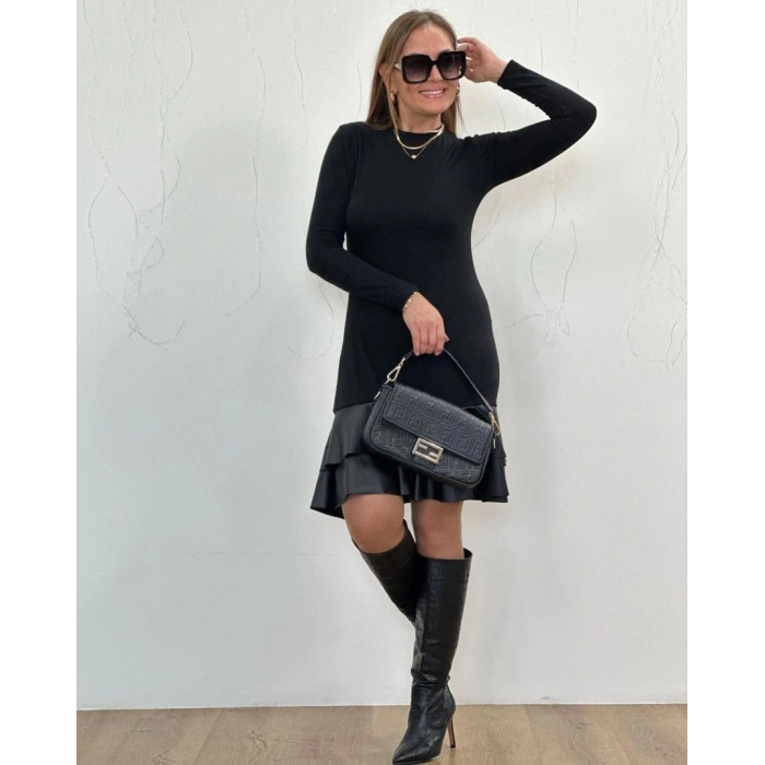 MDB Kadın Uzun Kollu Bisiklet Yaka üst Viskon Etek Ucu Deri Kısa Elbise