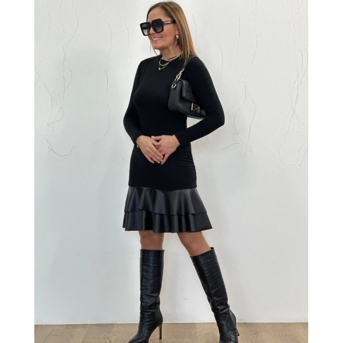 MDB Kadın Uzun Kollu Bisiklet Yaka üst Viskon Etek Ucu Deri Kısa Elbise