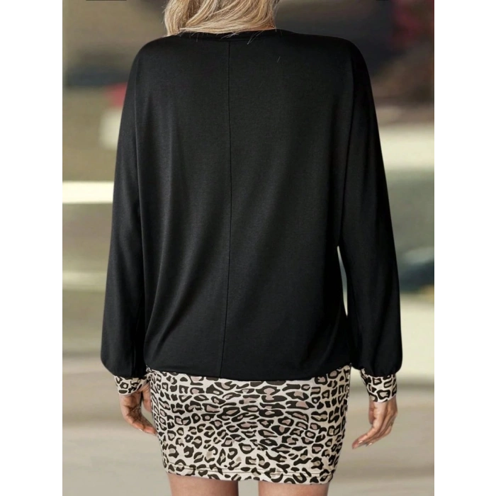 MDB Kadın Uzun Kollu Bisiklet Yaka üst Viskon Iki Iplik Alt Leopar Desenli Mini Elbise