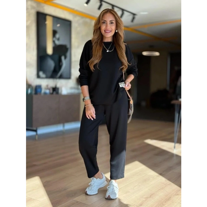 MDB Kadın Uzun Kollu Bisiklet Yaka Viskon Iki Iplik Bluz Ve Pantolon Ikili Takım