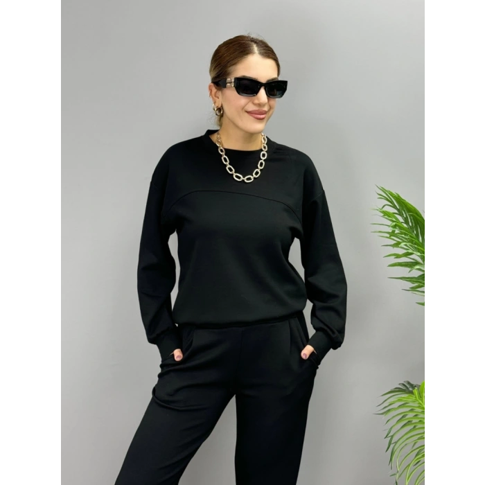 MDB Kadın Uzun Kollu Bisiklet Yaka Viskon Iki Iplik Bluz Ve Pantolon Ikili Takım